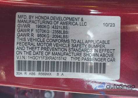 2024 Honda Accord Ex z USA, uszkodzony, nr VIN 1HGCY1F3XRA015742